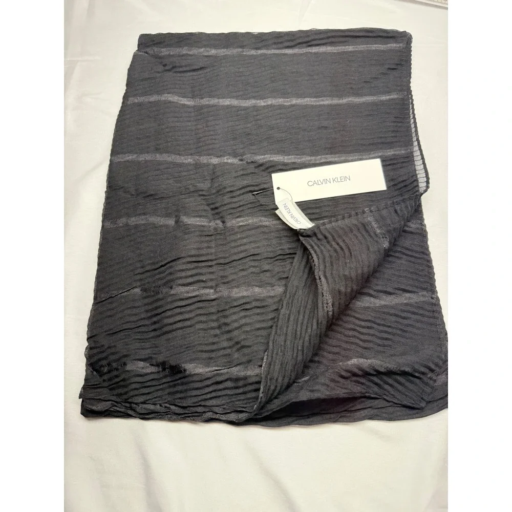 Calvin Klein Black Pleated Striped Lightweight Scarf Accessory Whimsigoth Gothic